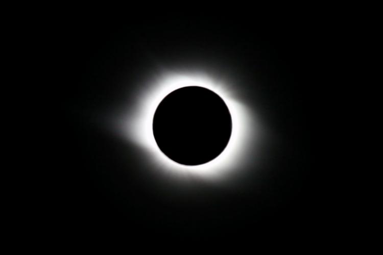 image of totally eclipsed or blacked out Sun showing only light from the corona