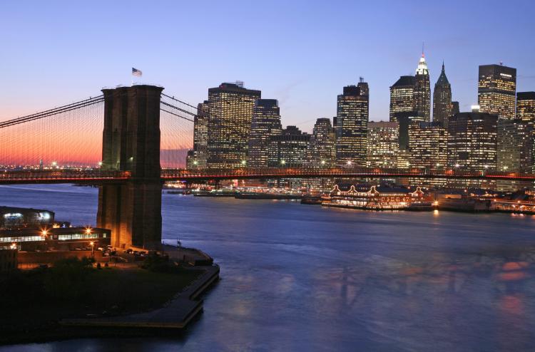 View of Lower Manhattan and East River in winter twilight, NYC, New York