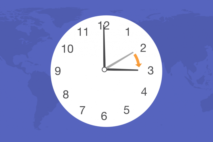 Illustration of clock with arrow moving forward 1 hour.