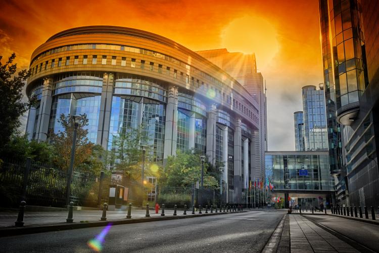 European Parliament building at sunset. Brussels, Belgium.