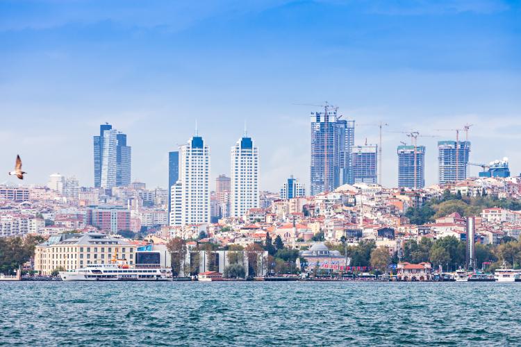 Istanbul, Turkey skyline view from Bosporus strait on September 6, 2014.