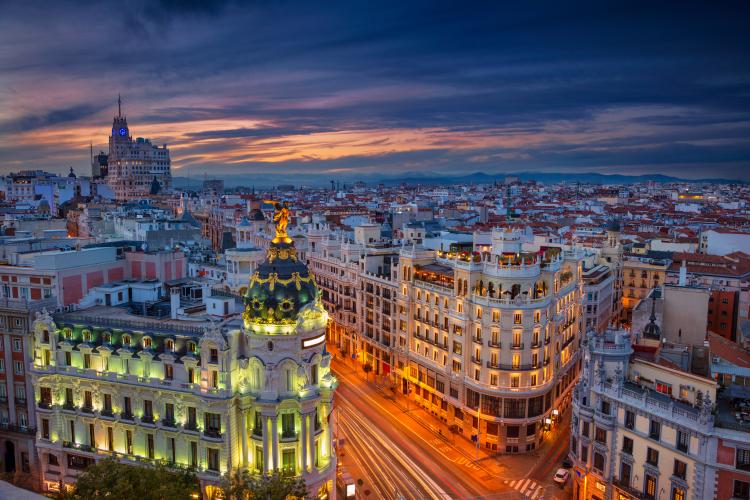 Buildings in Madrid, Spain at sunset.