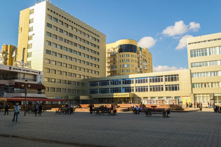 The main center of Saratov in Russia with modern buildings.
