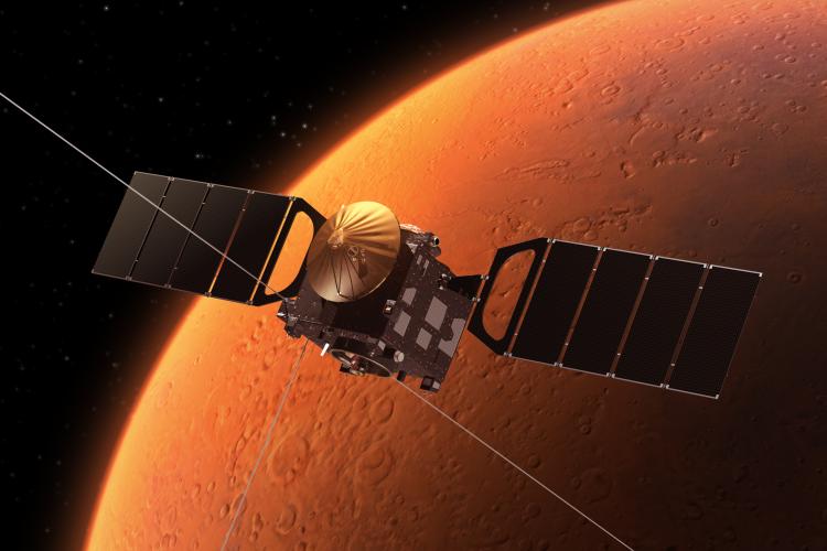 Interplanetary Space Station Orbiting Planet Mars.