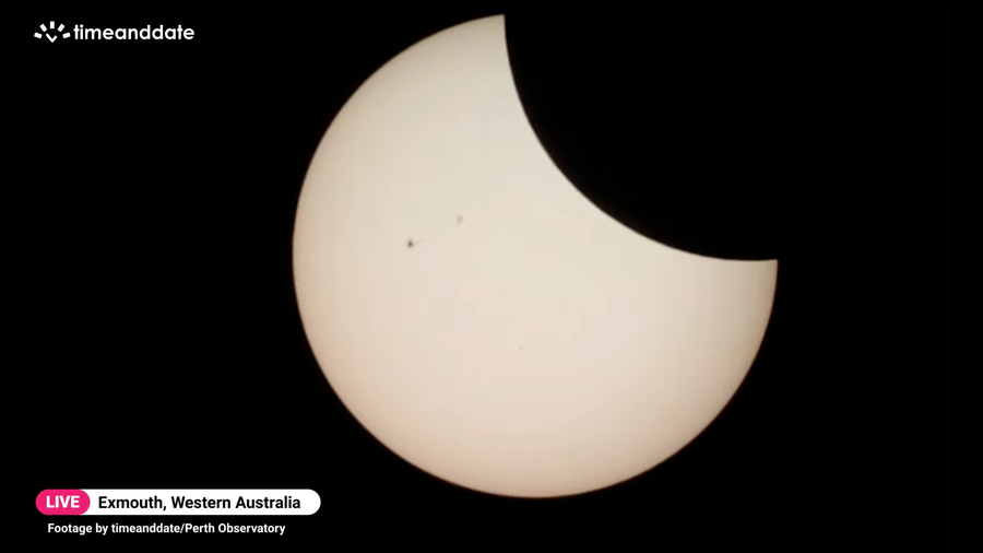 Screenshot from a live stream of the April 2023 total solar eclipse: 60 minutes after totality.