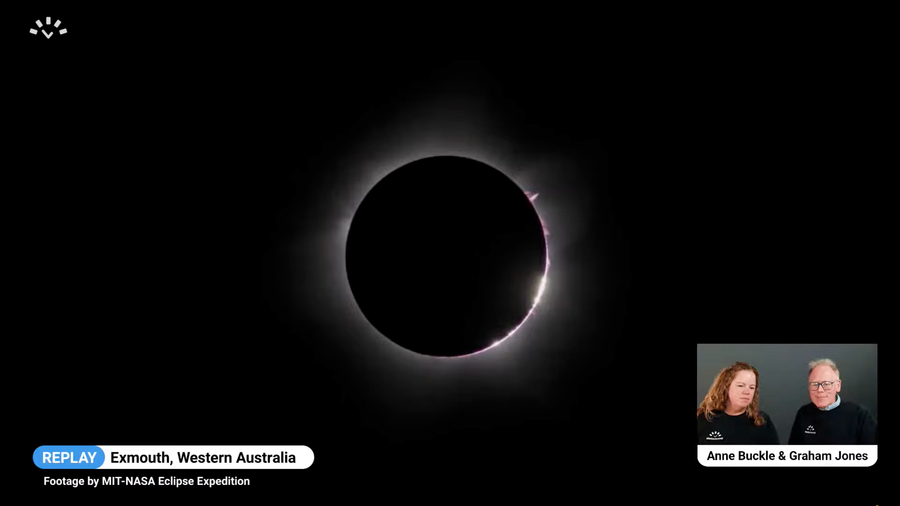 Screenshot from a live stream of the April 2023 total solar eclipse: Baily's beads at end of totality.