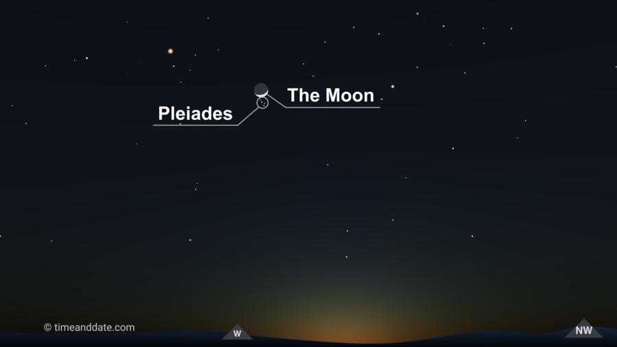 A screenshot of the Night Sky Map showing the position of the Crescent Moon appearing close to the Pleiades.