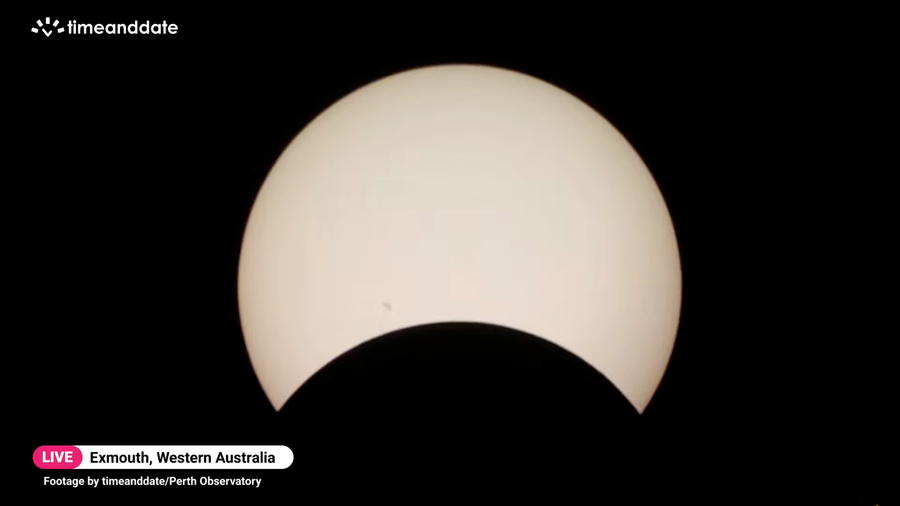 Screenshot from a live stream of the April 2023 total solar eclipse: obscuration around 25%.