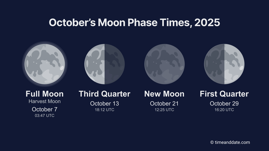 A dark blue graphic with Moon phases for October: Full Moon, Third Quarter, New Moon, and First Quarter.