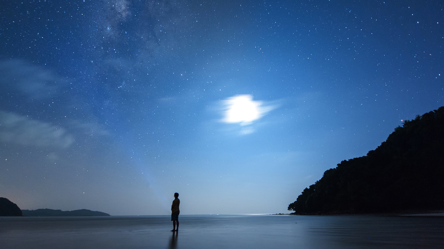 Man on a beach at night gazing up at the stars