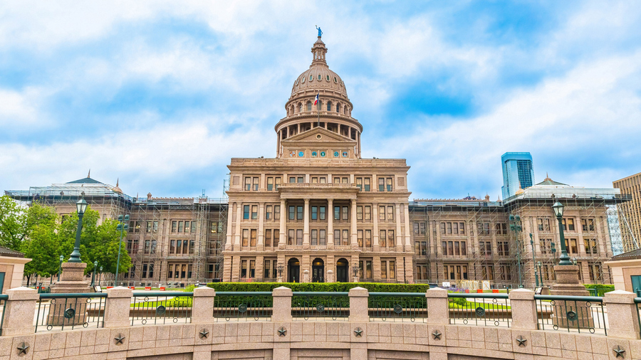 Scenic view of the Texas State Capitol building and the Capitol Extension Rotunda in Austin.