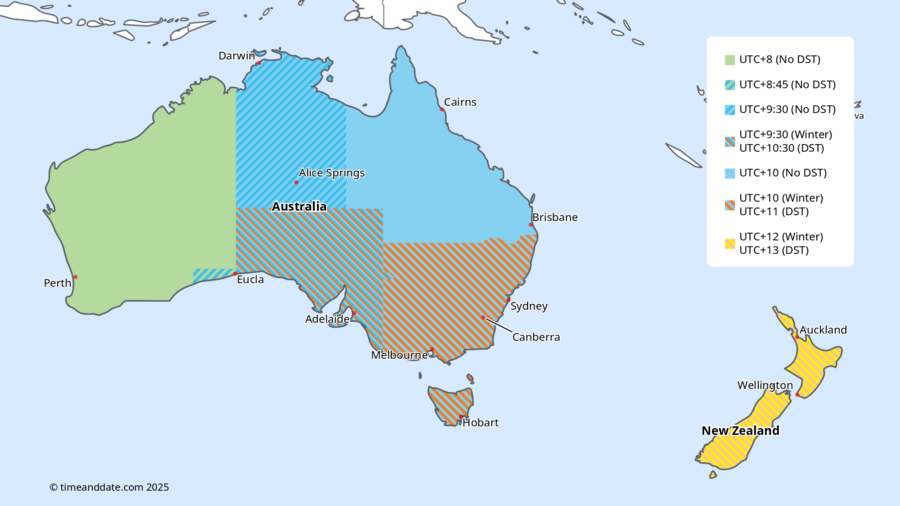 Map illustration of Australia and New Zealand showing the different time zones, each marked in a separate color.