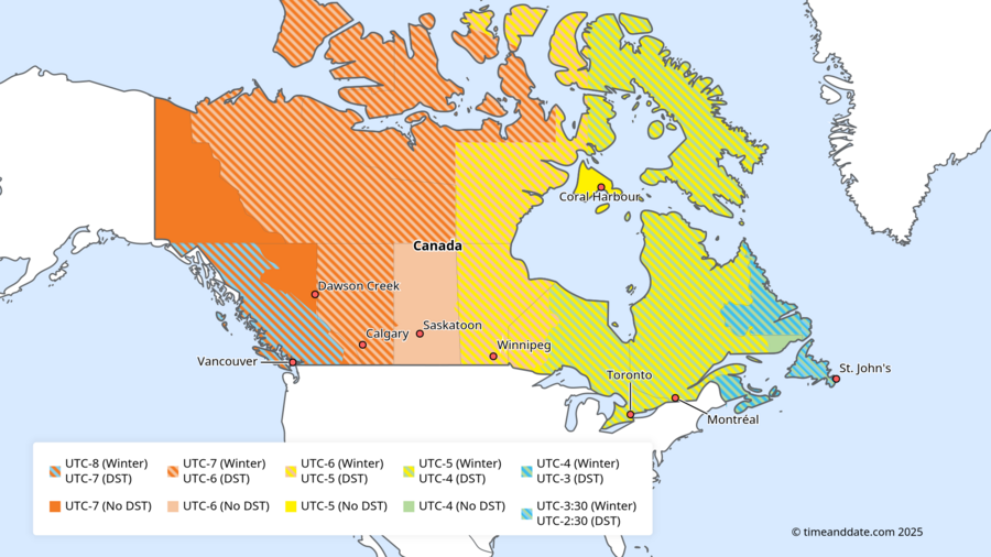 Map illustration of Canada showing the different time zones, each marked in a separate color.