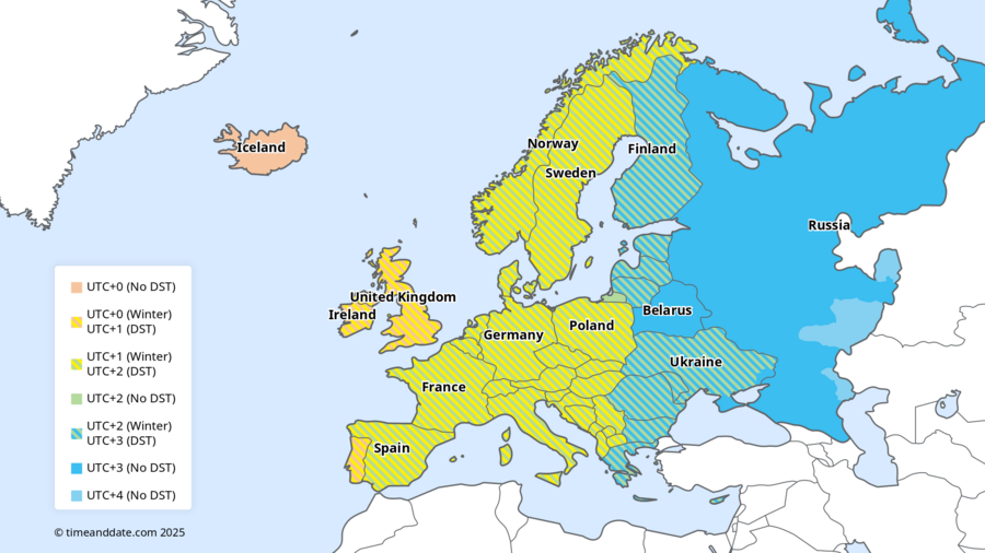 Map illustration of Europe showing the different time zones, each marked in a separate color.