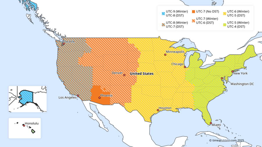 Map illustration of the USA showing the different time zones, each marked in a separate color.