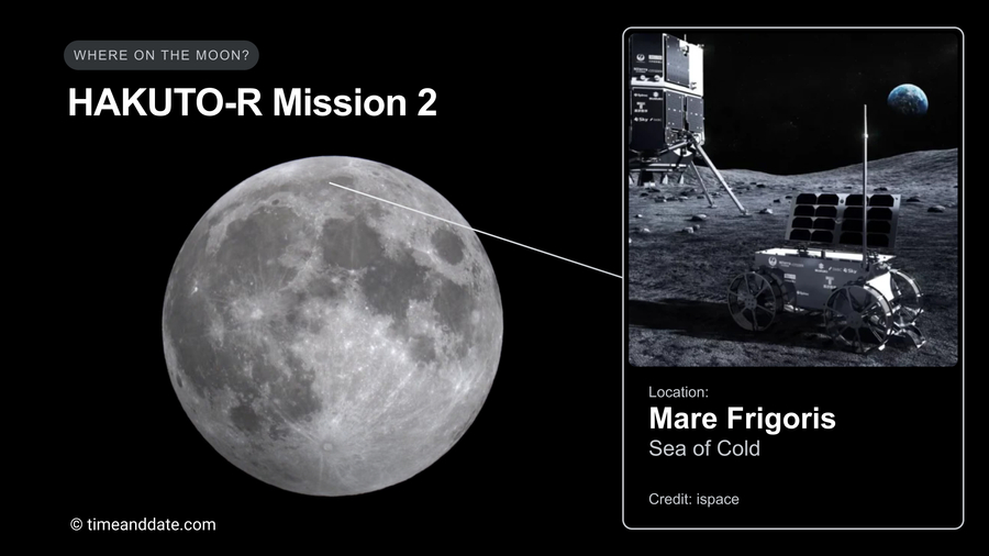 This is a photo of the Moon with Mare Frigoris (Sea of Cold) marked as the landing site for the Hakuto-R 2 mission.