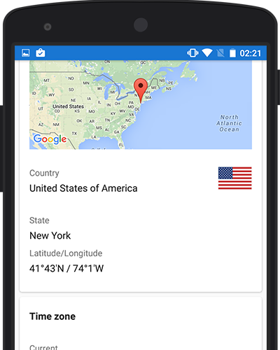 Skjermbilde fra World Clock -appen: City Information: Location Map & Lat Long, State / Province / County, Dial Codes, Country Flags, Currency & Languages & Time Zone