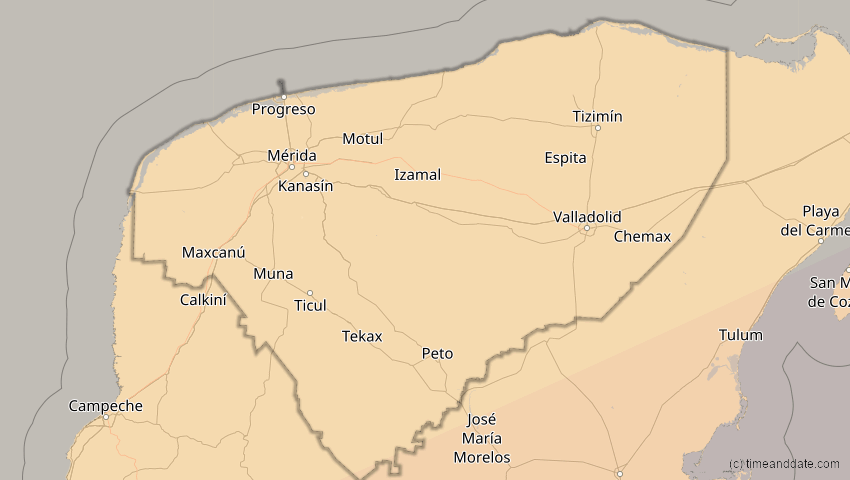 A map of Yucatán, Mexiko, showing the path of the 14. Dez 2001 Ringförmige Sonnenfinsternis