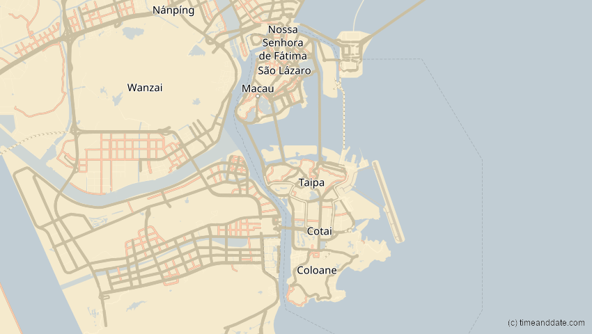 A map of Macau, showing the path of the Jun 11, 2002 Annular Solar Eclipse