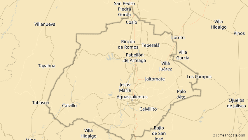 A map of Aguascalientes, Mexiko, showing the path of the 8. Apr 2005 Totale Sonnenfinsternis