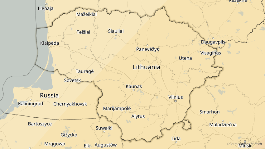 A map of Lithuania, showing the path of the Mar 29, 2006 Total Solar Eclipse