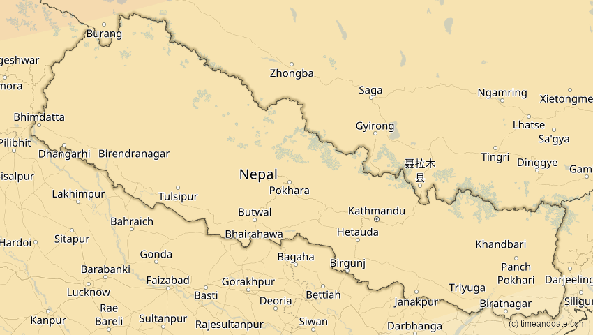 A map of Nepal, showing the path of the Mar 19, 2007 Partial Solar Eclipse