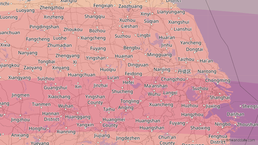 A map of Anhui, China, showing the path of the Jul 22, 2009 Total Solar Eclipse