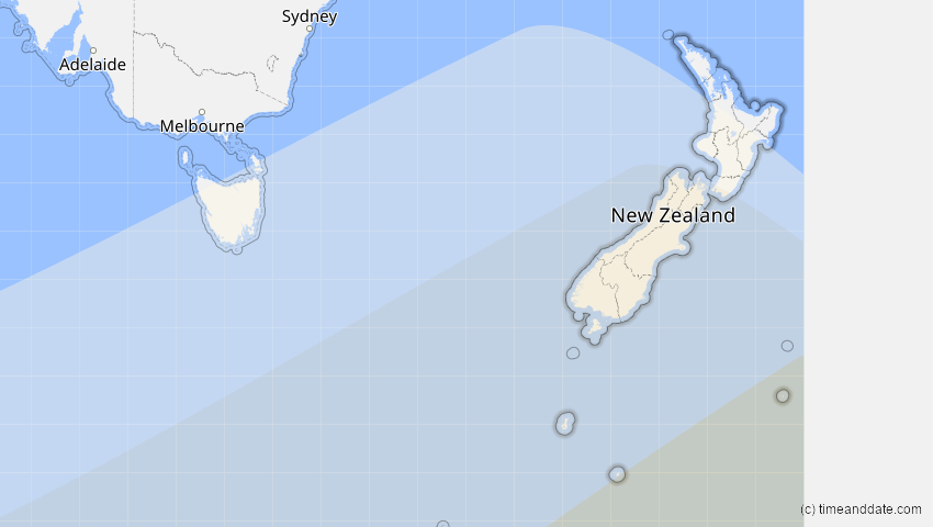 A map of Neuseeland, showing the path of the 25. Nov 2011 Partielle Sonnenfinsternis
