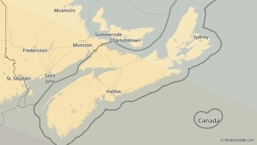 A map of Nova Scotia, Kanada, showing the path of the 3. Nov 2013 Totale Sonnenfinsternis