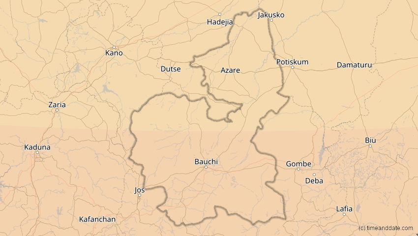 A map of Bauchi, Nigeria, showing the path of the Nov 3, 2013 Total Solar Eclipse