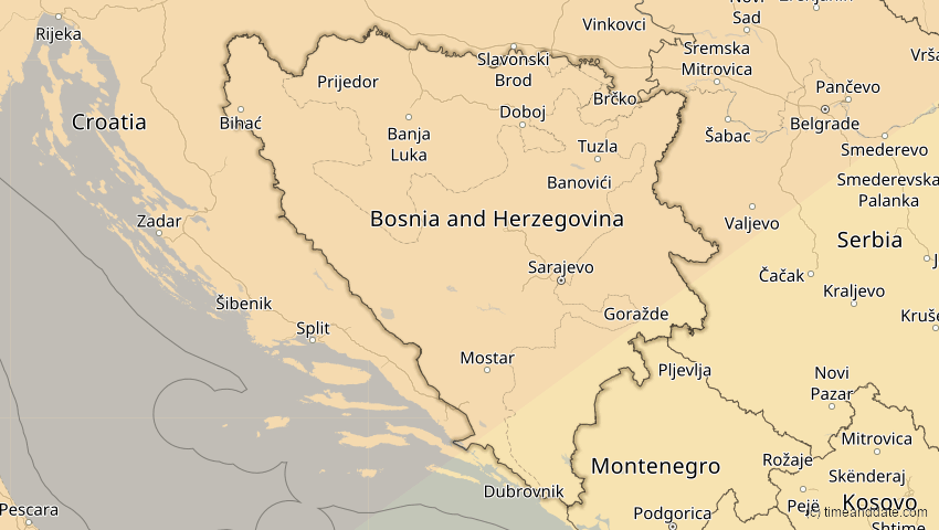 A map of Bosnien und Herzegowina, showing the path of the 20. Mär 2015 Totale Sonnenfinsternis
