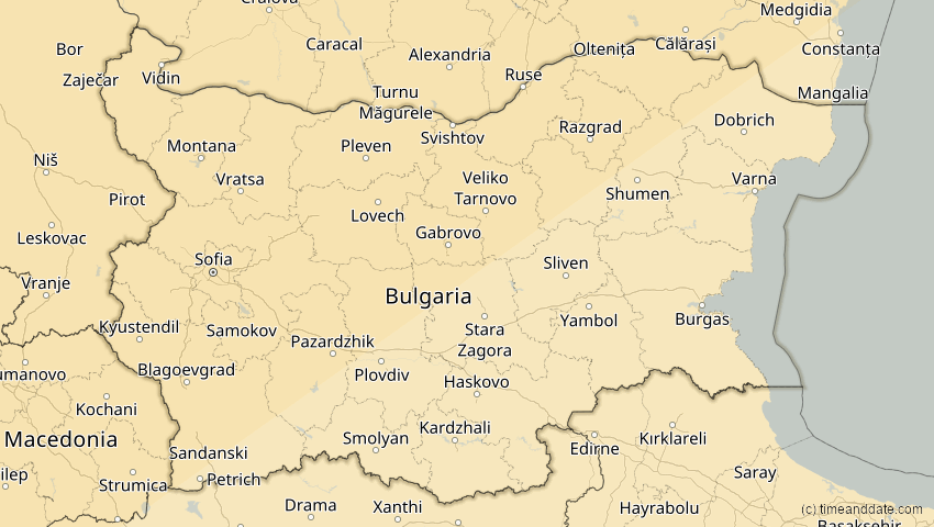 A map of Bulgarien, showing the path of the 20. Mär 2015 Totale Sonnenfinsternis
