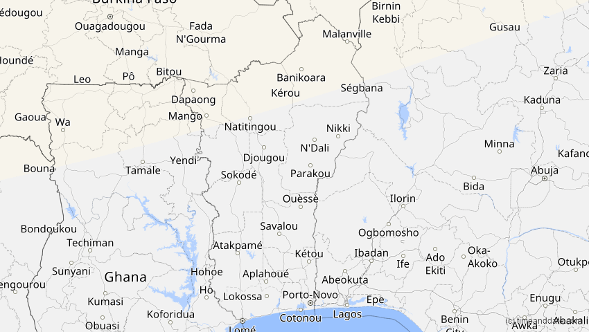A map of Benin, showing the path of the 20. Mär 2015 Totale Sonnenfinsternis
