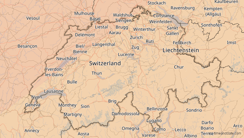 A map of Schweiz, showing the path of the 20. Mär 2015 Totale Sonnenfinsternis