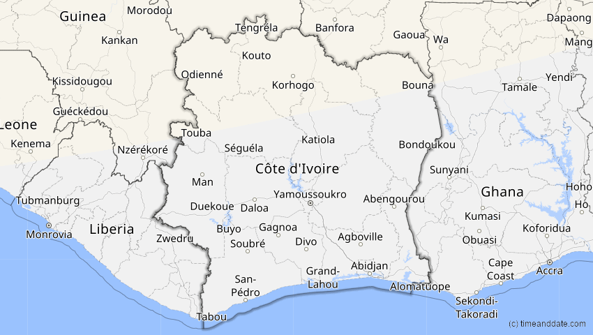 A map of Elfenbeinküste (Côte d'Ivoire), showing the path of the 20. Mär 2015 Totale Sonnenfinsternis