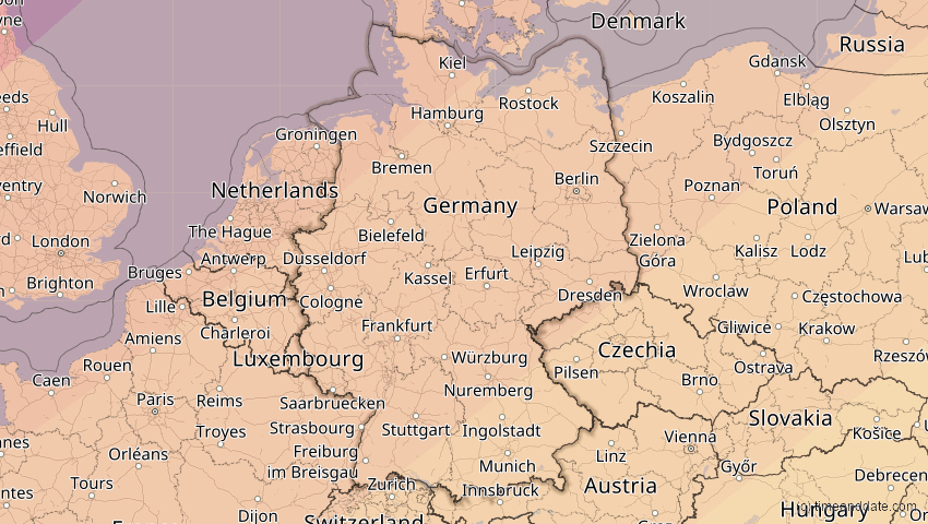 A map of Deutschland, showing the path of the 20. Mär 2015 Totale Sonnenfinsternis