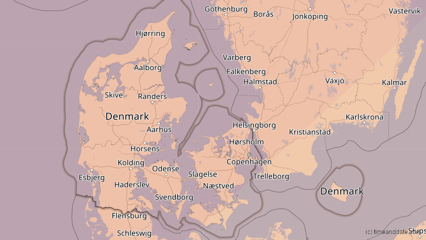 A map of Dänemark, showing the path of the 20. Mär 2015 Totale Sonnenfinsternis