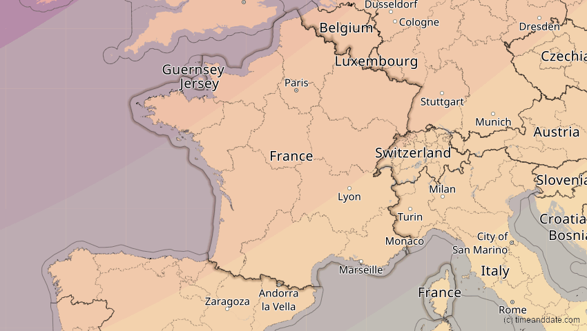 A map of Frankreich, showing the path of the 20. Mär 2015 Totale Sonnenfinsternis