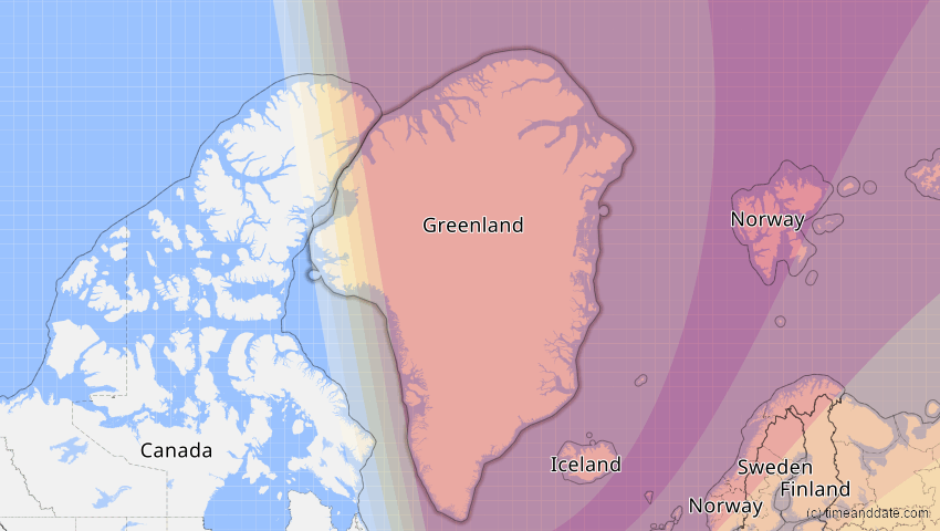 A map of Grönland, showing the path of the 20. Mär 2015 Totale Sonnenfinsternis