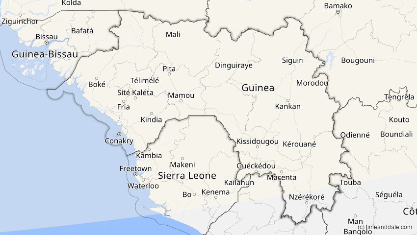 A map of Guinea, showing the path of the 20. Mär 2015 Totale Sonnenfinsternis