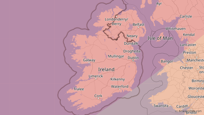 A map of Irland, showing the path of the 20. Mär 2015 Totale Sonnenfinsternis