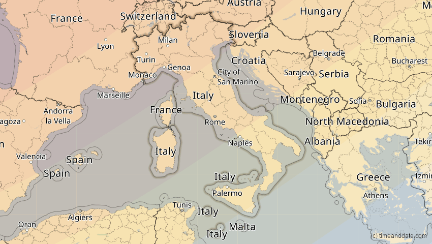 A map of Italien, showing the path of the 20. Mär 2015 Totale Sonnenfinsternis