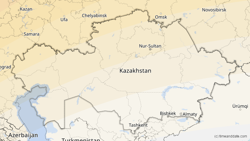 A map of Kasachstan, showing the path of the 20. Mär 2015 Totale Sonnenfinsternis