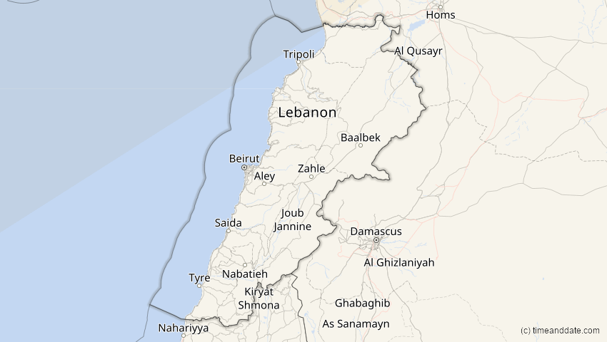 A map of Libanon, showing the path of the 20. Mär 2015 Totale Sonnenfinsternis
