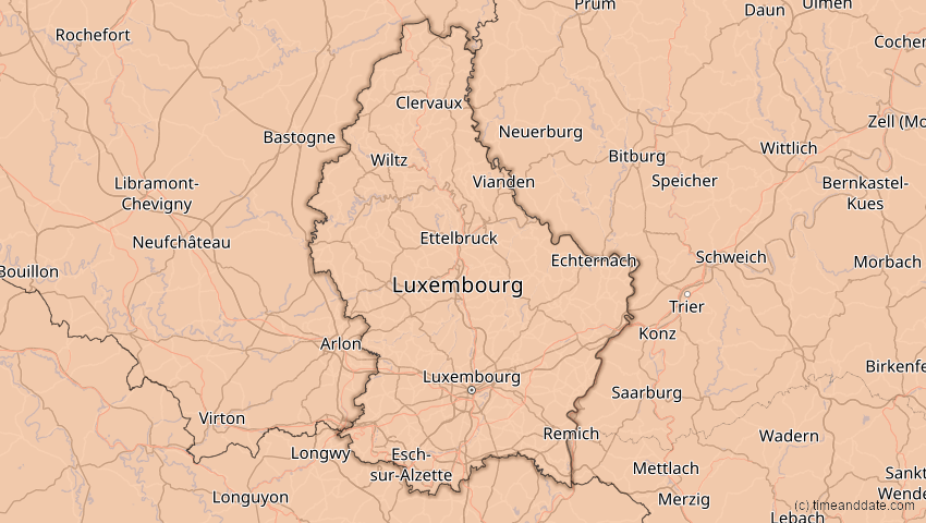 A map of Luxemburg, showing the path of the 20. Mär 2015 Totale Sonnenfinsternis