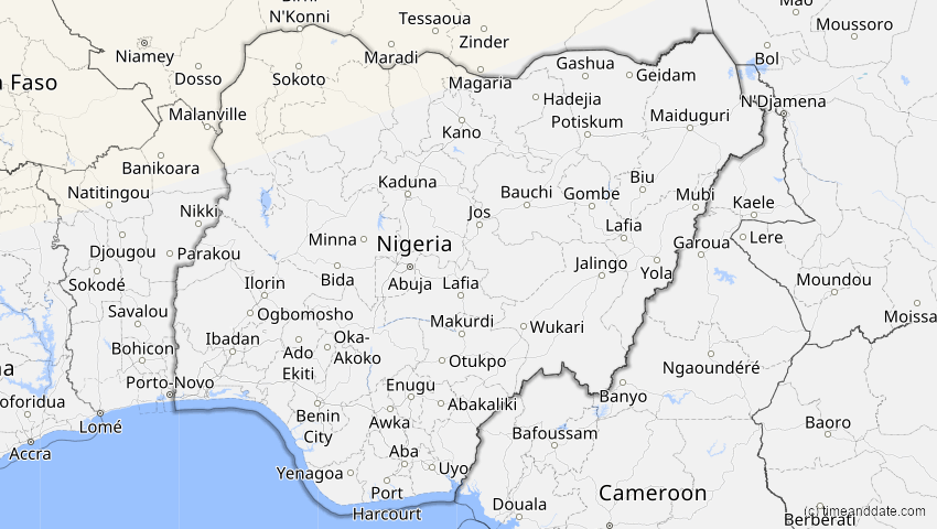 A map of Nigeria, showing the path of the 20. Mär 2015 Totale Sonnenfinsternis