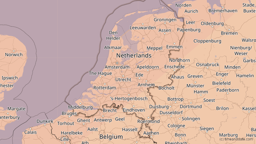 A map of Niederlande, showing the path of the 20. Mär 2015 Totale Sonnenfinsternis
