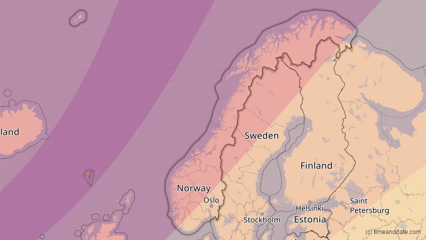 A map of Norwegen, showing the path of the 20. Mär 2015 Totale Sonnenfinsternis