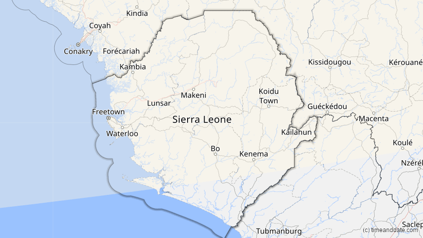 A map of Sierra Leone, showing the path of the 20. Mär 2015 Totale Sonnenfinsternis