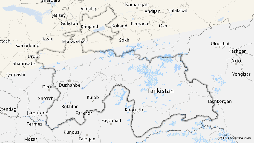 A map of Tadschikistan, showing the path of the 20. Mär 2015 Totale Sonnenfinsternis